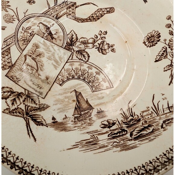 Antique New Wharf Pottery Tennyson Saucers Plates 2 Brown White Transferware 6" - Picture 4 of 12